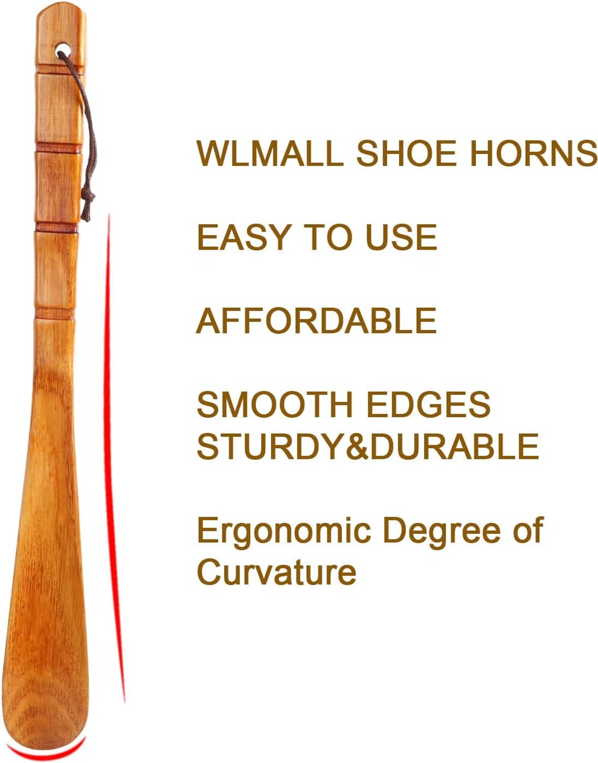 Wooden shoe horn with hanging loop and segmented grip, shown full length