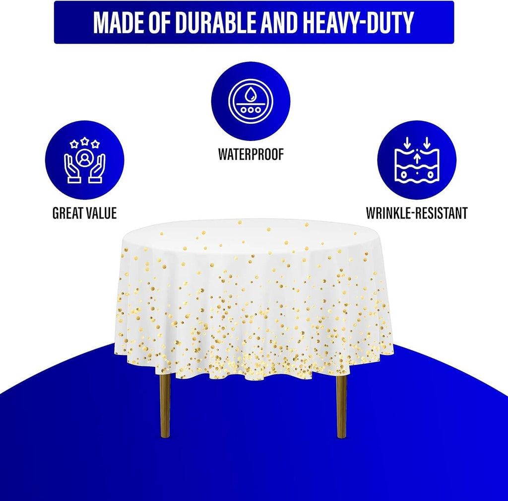 Round white plastic tablecloth with gold dots; waterproof and wrinkle-resistant