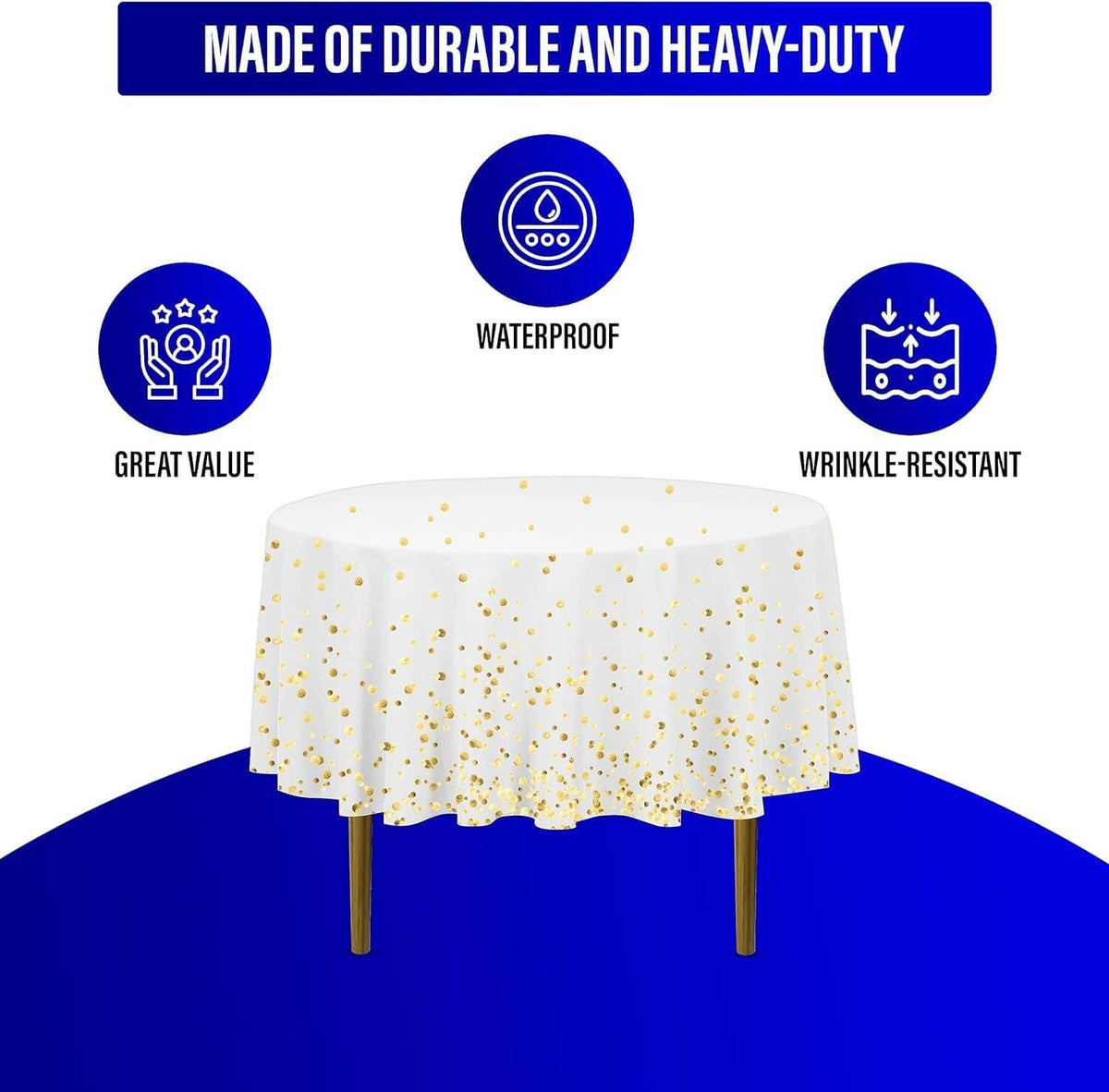 Round white plastic tablecloth with gold dots; waterproof and wrinkle-resistant