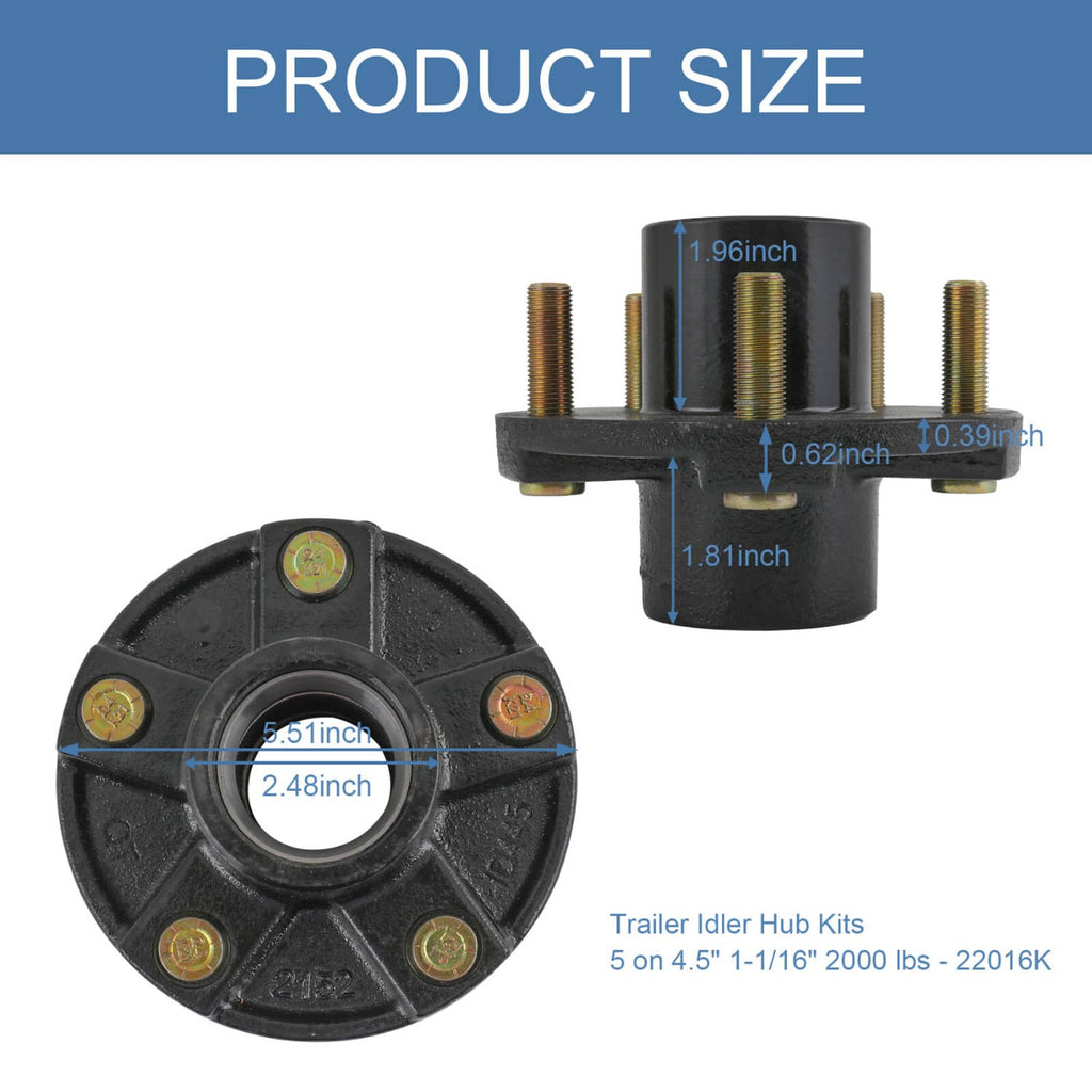 Trailer idler hub kit dimension view with black hub body and bearing-related components