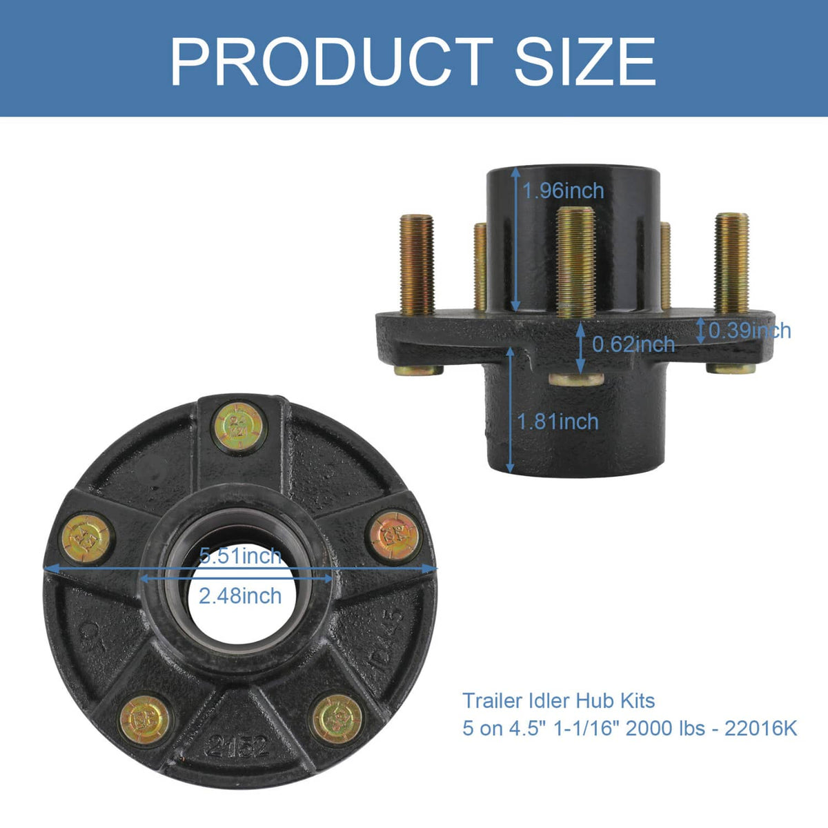 Trailer idler hub kit dimension view with black hub body and bearing-related components
