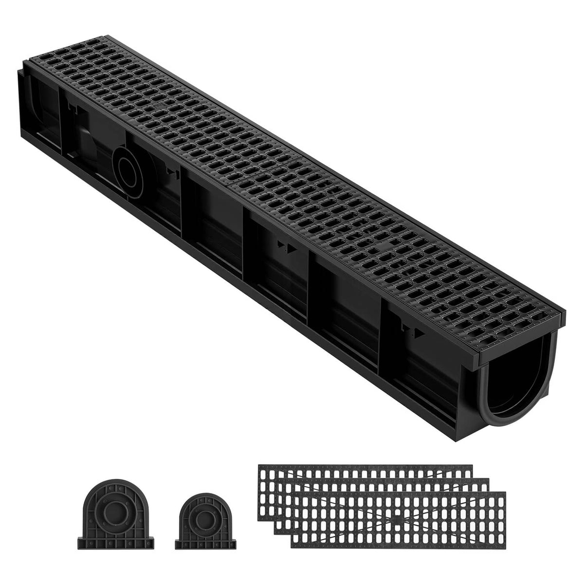 HDPE linear drainage channel with slotted grate top and curved outlet ends, dark black
