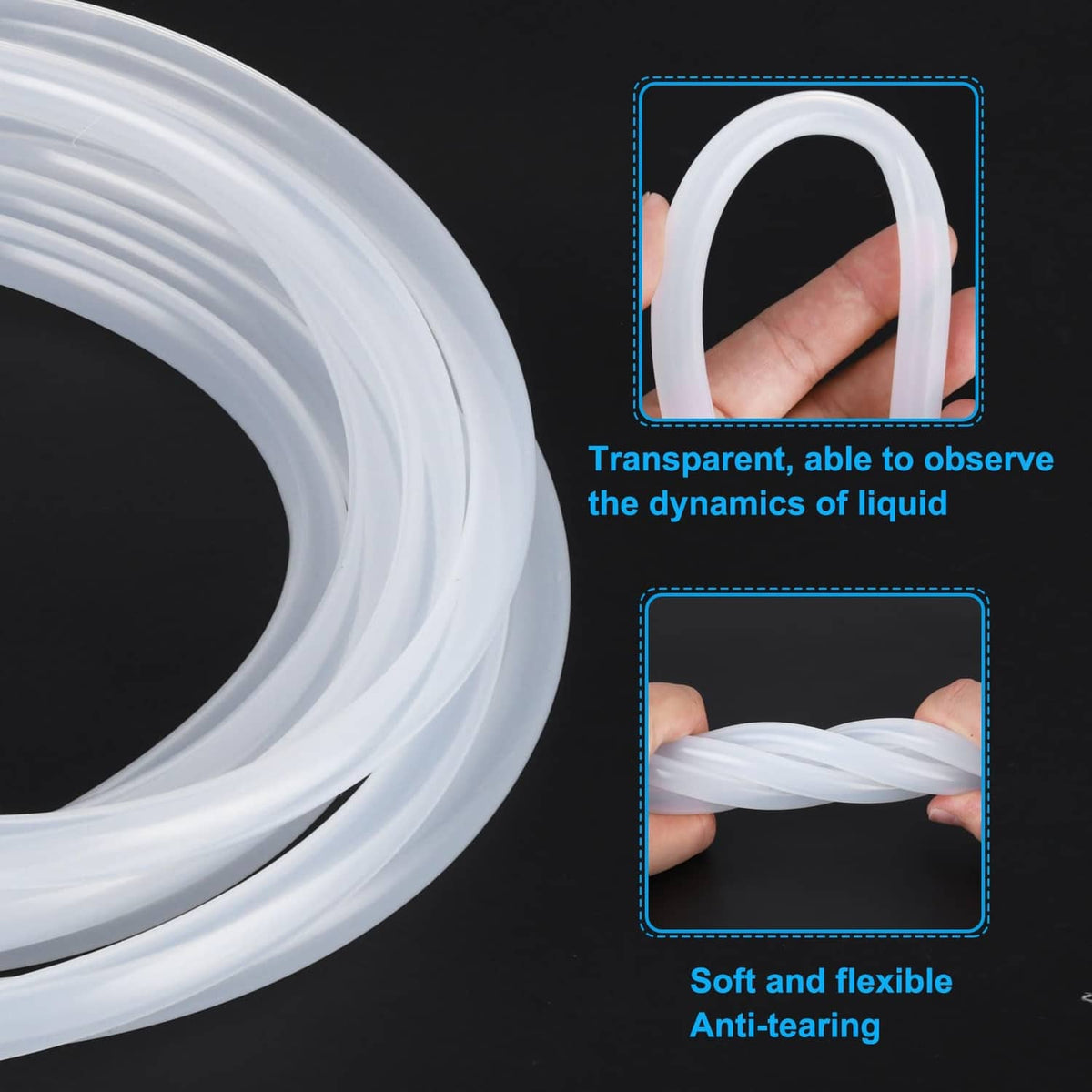 Clear silicone tubing loop with hand for scale; transparent flexible hose