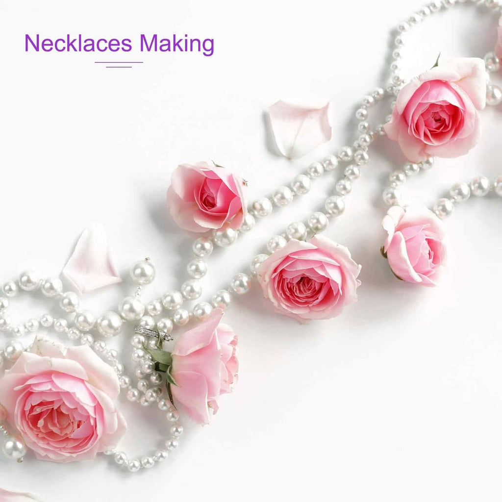 Brown elastic cord necklace with white pearl beads and pink rose accents