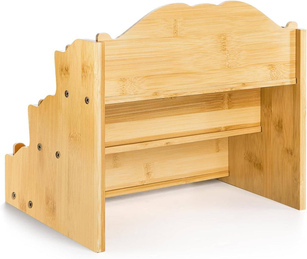 Bamboo 3-tier greeting card holder with open front and staggered shelves