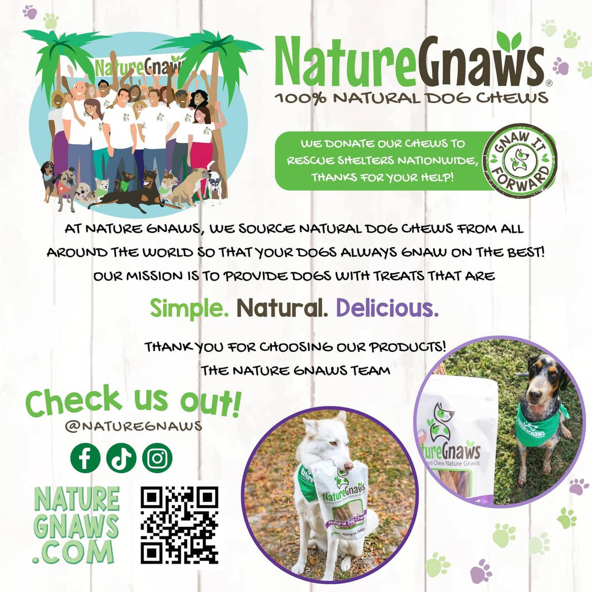 Nature Gnaws bully sticks dog treat pouch with brand mission and social QR details
