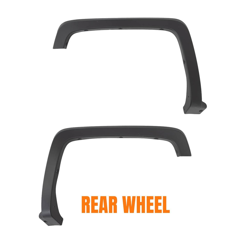 Black rear fender flares, curved wheel-arch guards with raised lip and mounting tabs