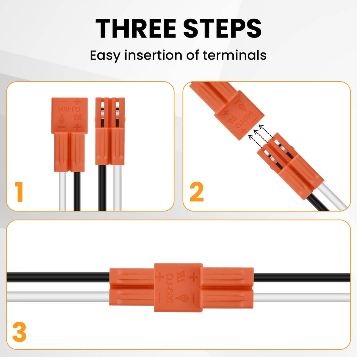 E26 socket adapter terminals with light orange housings on black and white insulated wires
