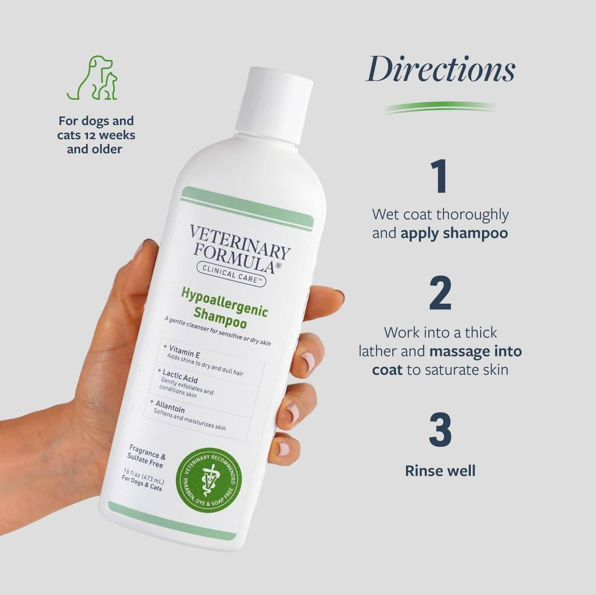 Hypoallergenic shampoo bottle in hand, white with green label and cap