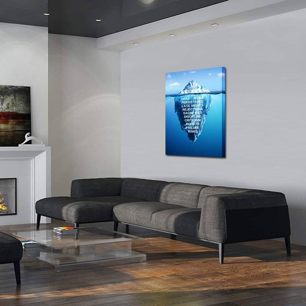 Stretched canvas wall art showing iceberg scene with white success quote