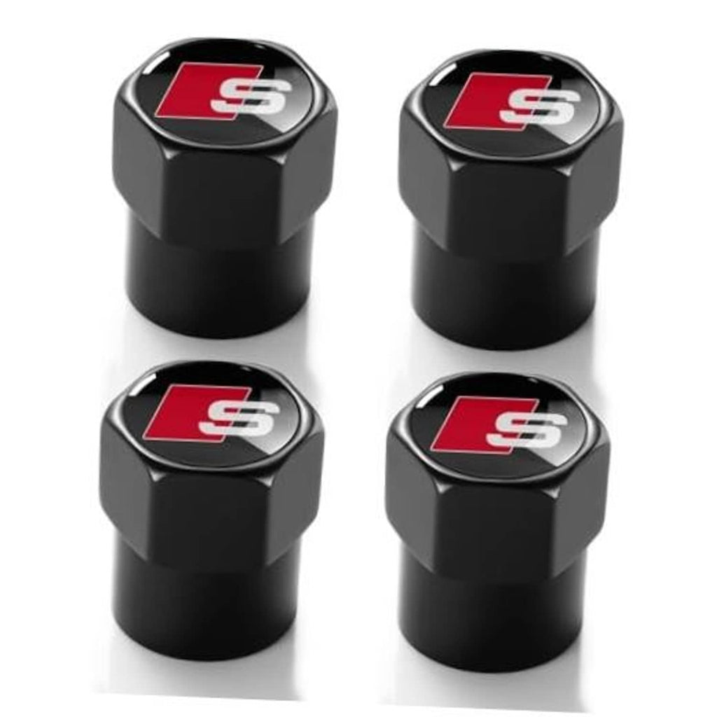 Set of black tire valve stem caps with red S logo, metal-look top and hex body