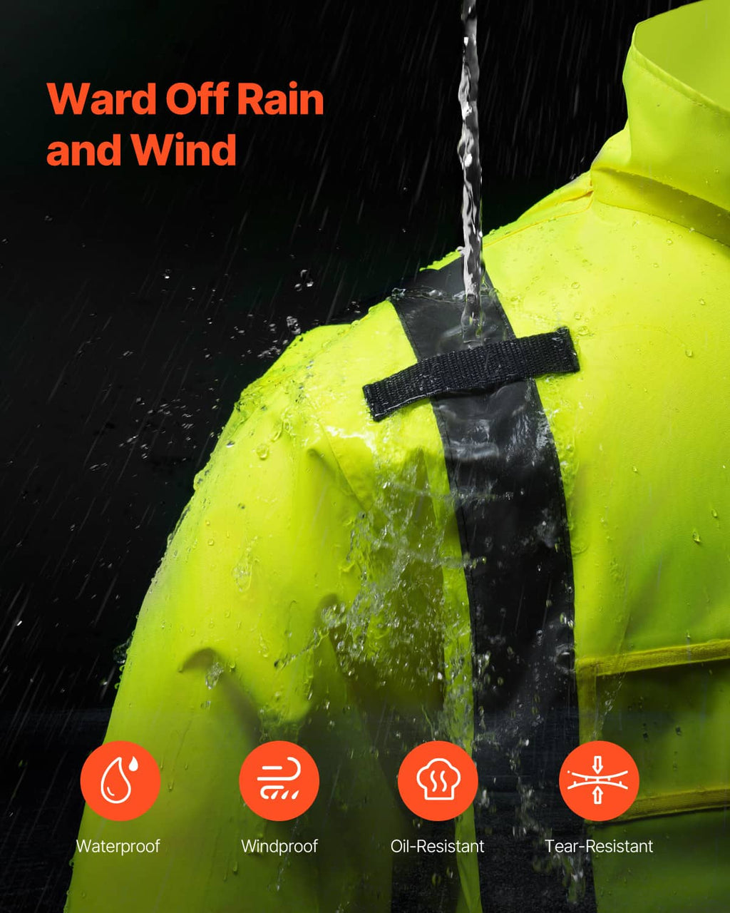Waterproof high-visibility jacket with reflective stripes on bright yellow hood and shoulders