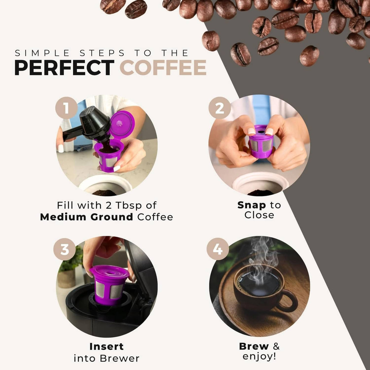Purple reusable coffee filter cups with snap-close lid, shown during brewing steps