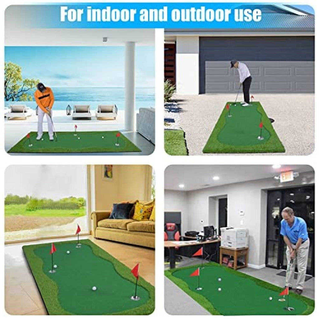 Green putting green mat shown for indoor and outdoor practice with red flag holes