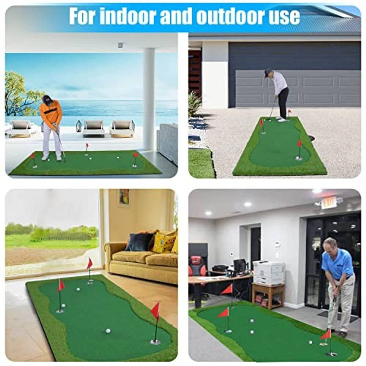 Green putting green mat shown for indoor and outdoor practice with red flag holes
