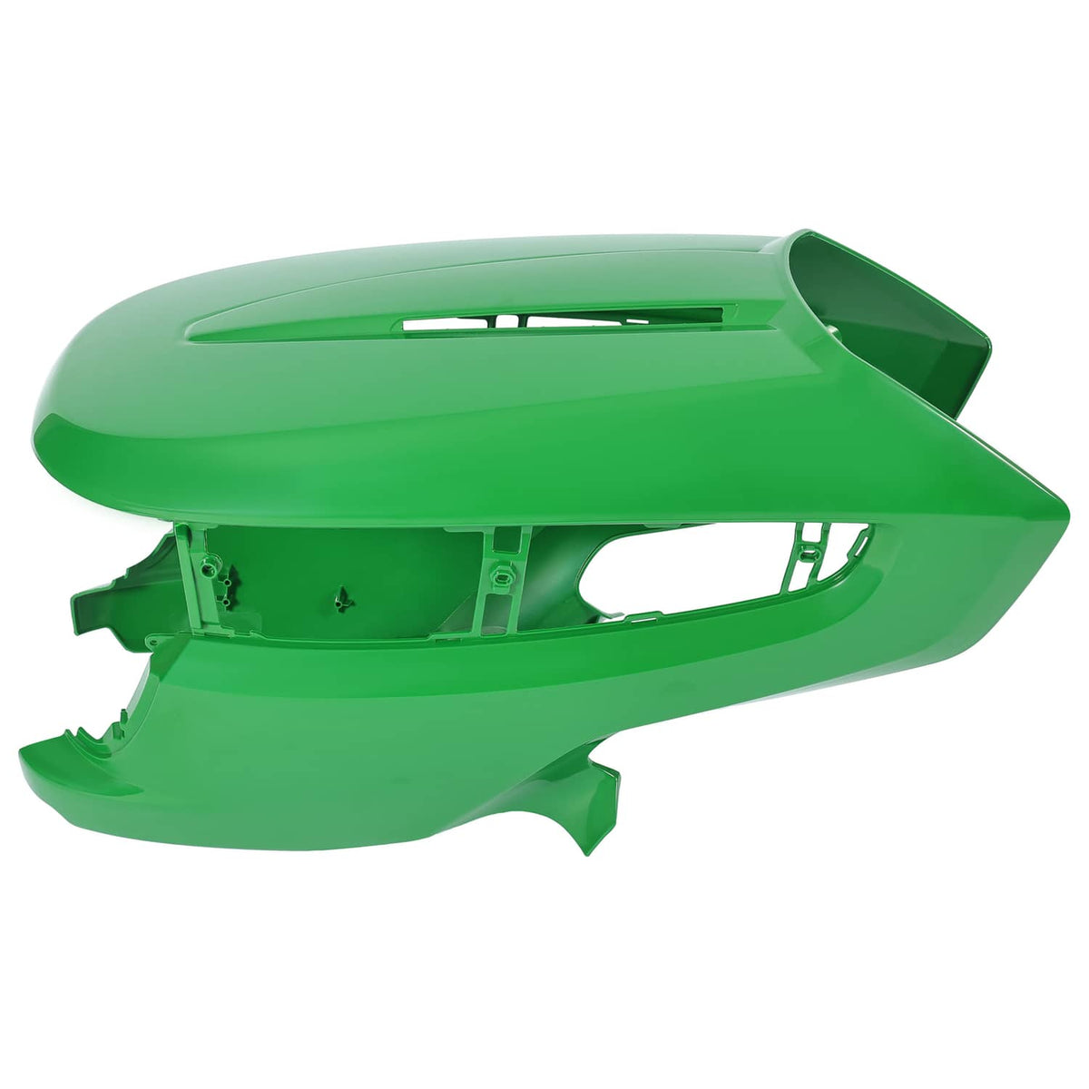 Green lawn mower hood assembly side view with vent slots and open mounting area