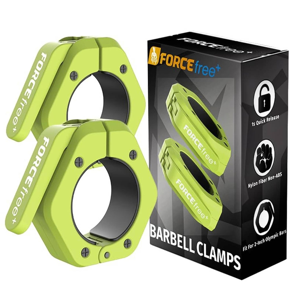 Forcefree+ barbell clamps pair, lime green quick-release collars with black inner rings