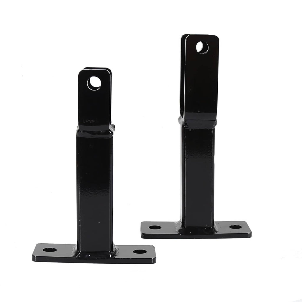 Black steel rack holder bracket pair with top holes and four-bolt base plate