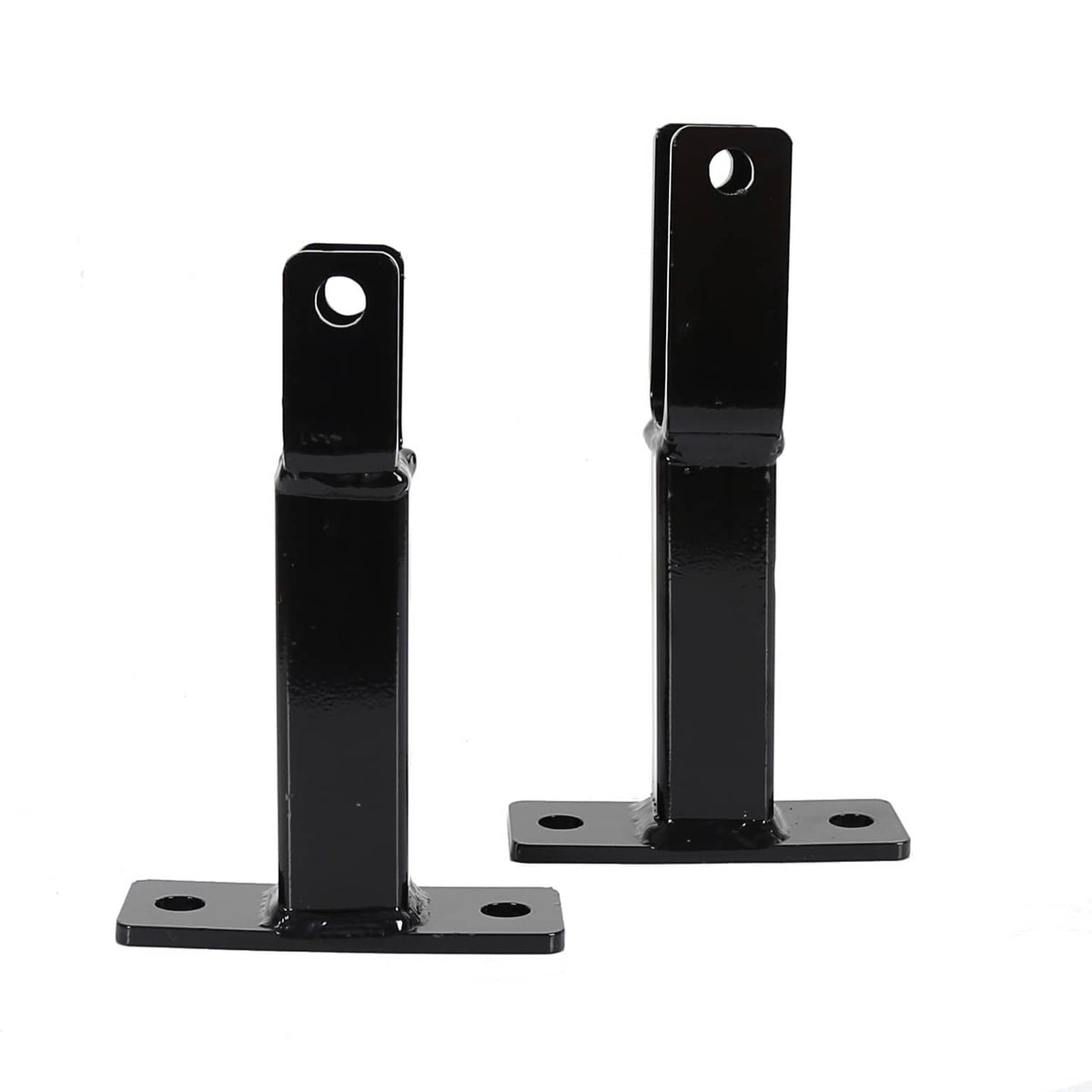 Black steel rack holder bracket pair with top holes and four-bolt base plate