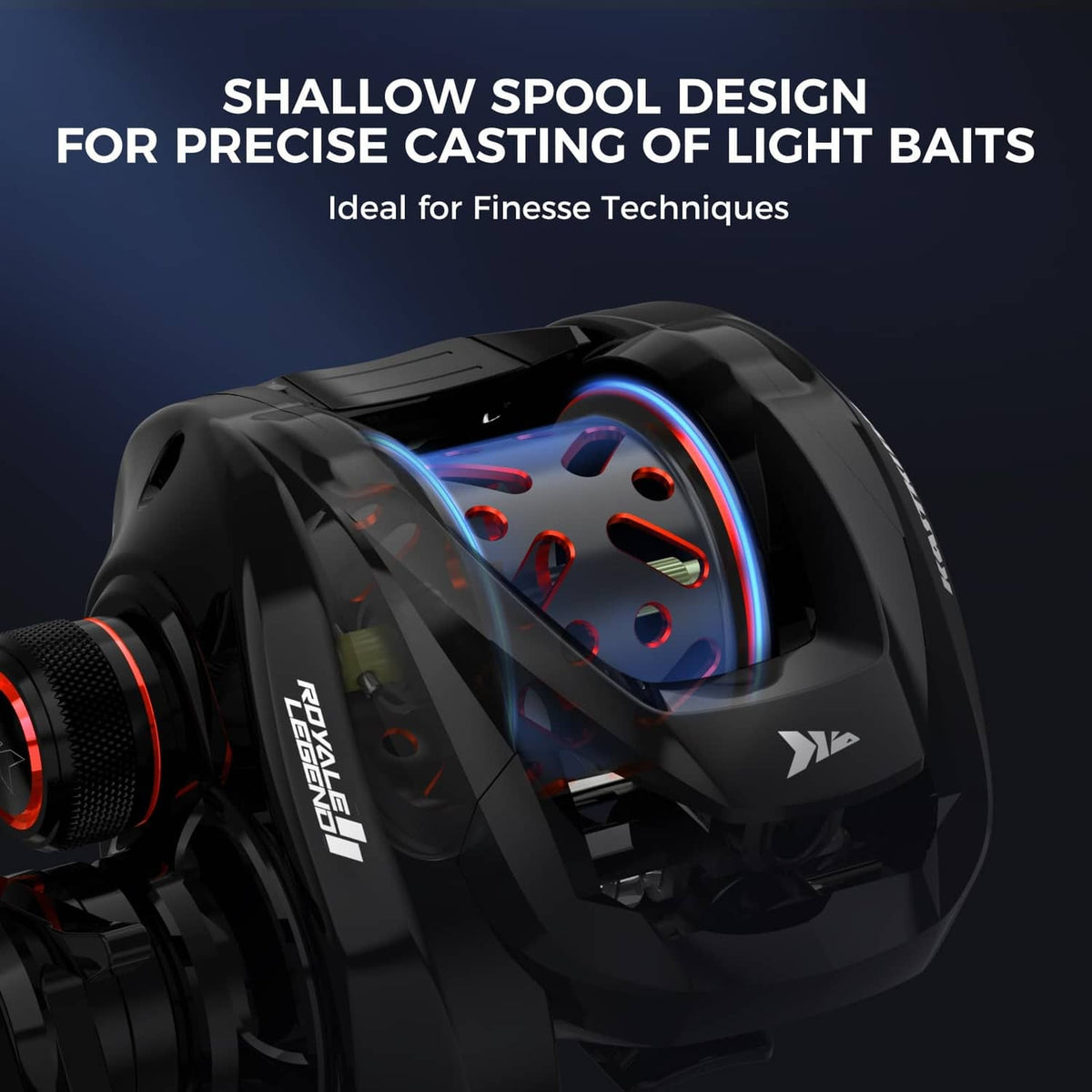 Black casting reel with shallow red aluminum spool and front baitcasting housing.