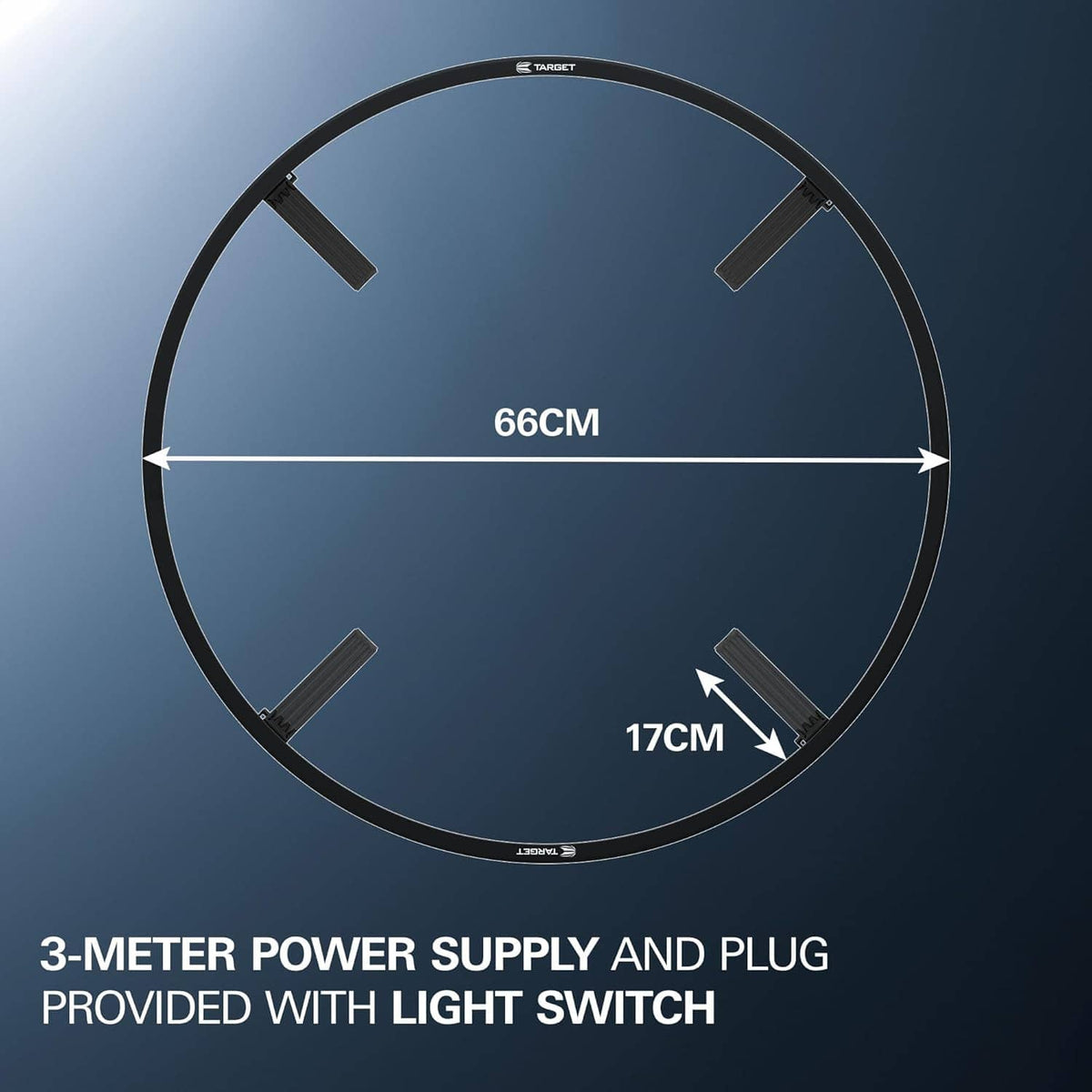 Dartboard lighting system with circular frame dimensions, showing 66cm and 170cm markings