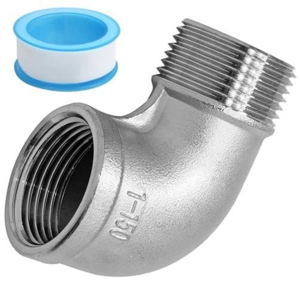 Silver 90-degree stainless steel elbow fitting showing internal and external NPT threads