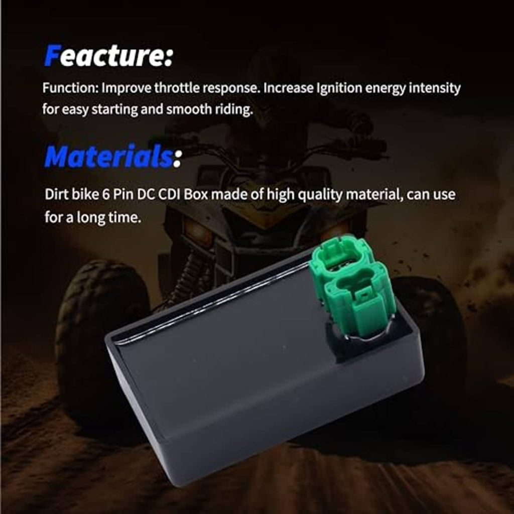 Black CDI module box with green connector plug, product close-up