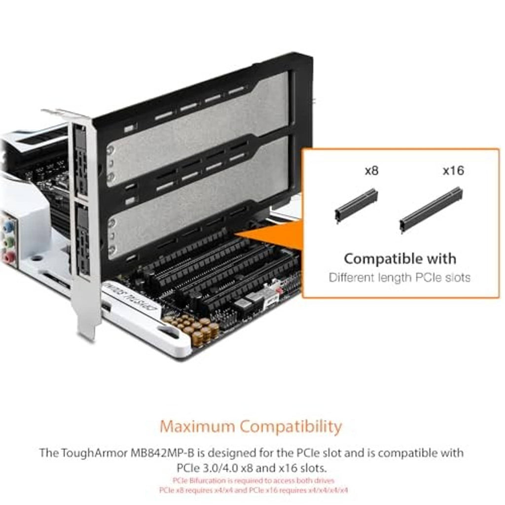 Dual M.2 NVMe adapter card with open tray and PCIe slot compatibility for x8/x16.