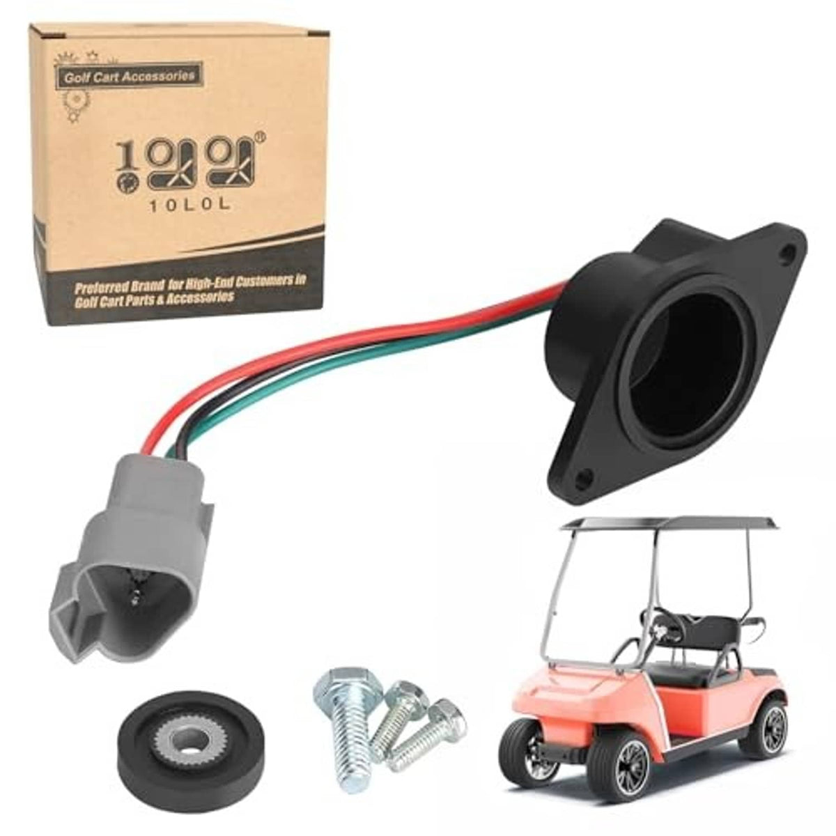 Speed sensor with black cylindrical port, multicolor wires, plug connector and screws