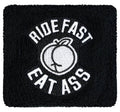 Black knit brake fluid reservoir cover sock with white “RIDE FAST EAT ASS” patch