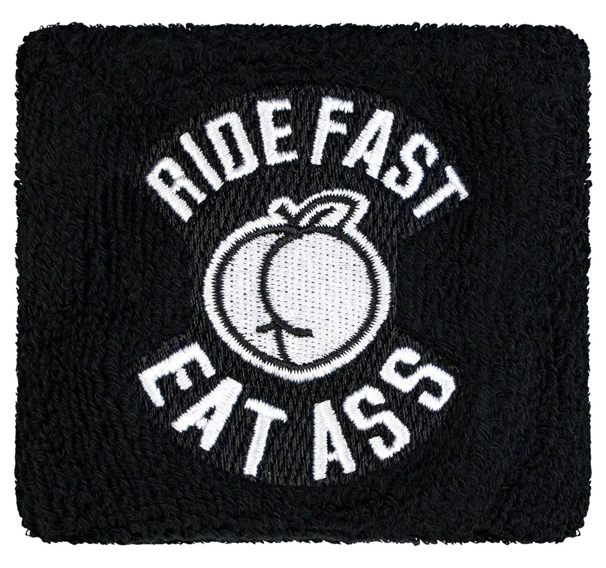 Black knit brake fluid reservoir cover sock with white “RIDE FAST EAT ASS” patch