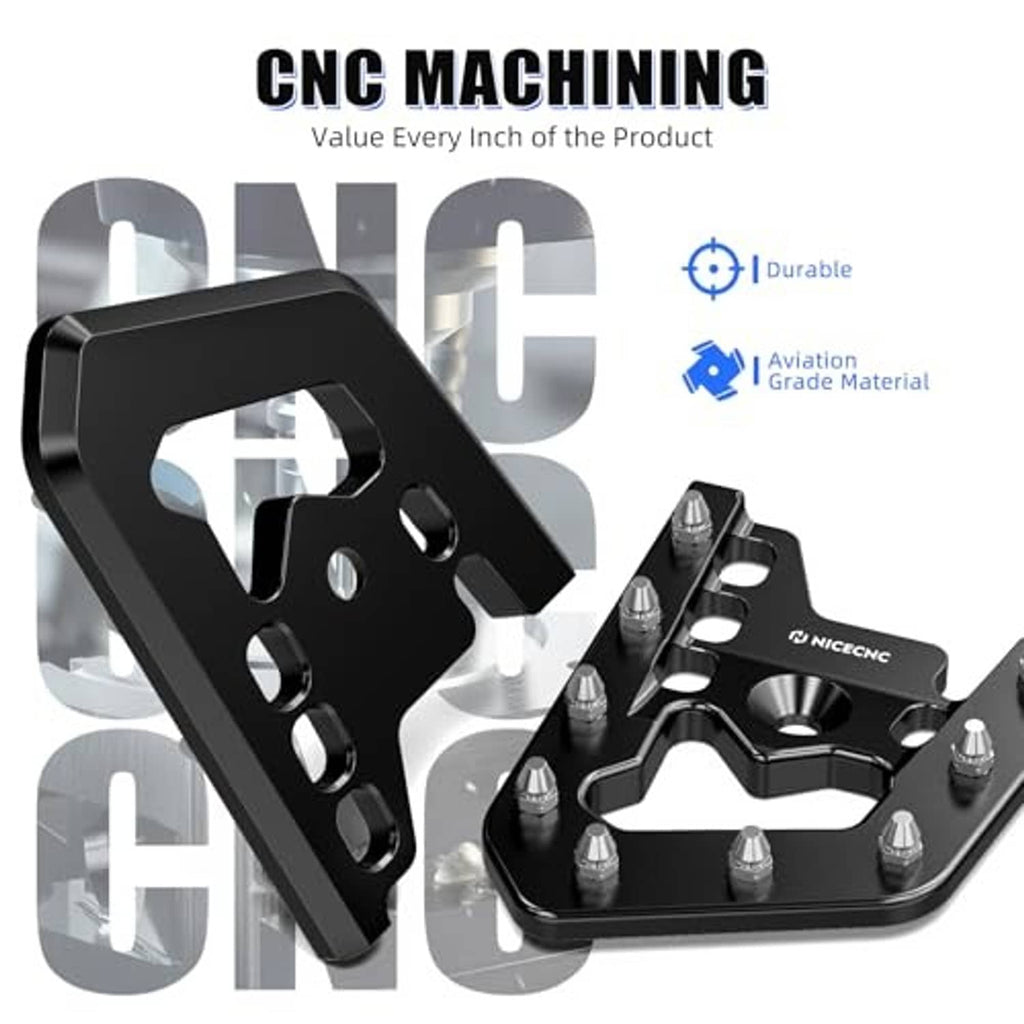 Black CNC-machined brake pedal extender with studbed grip plate and mounting bracket