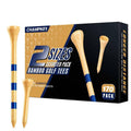 Bamboo golf tees pack with two natural tees and blue stripe bands, CHAMPKEY box view