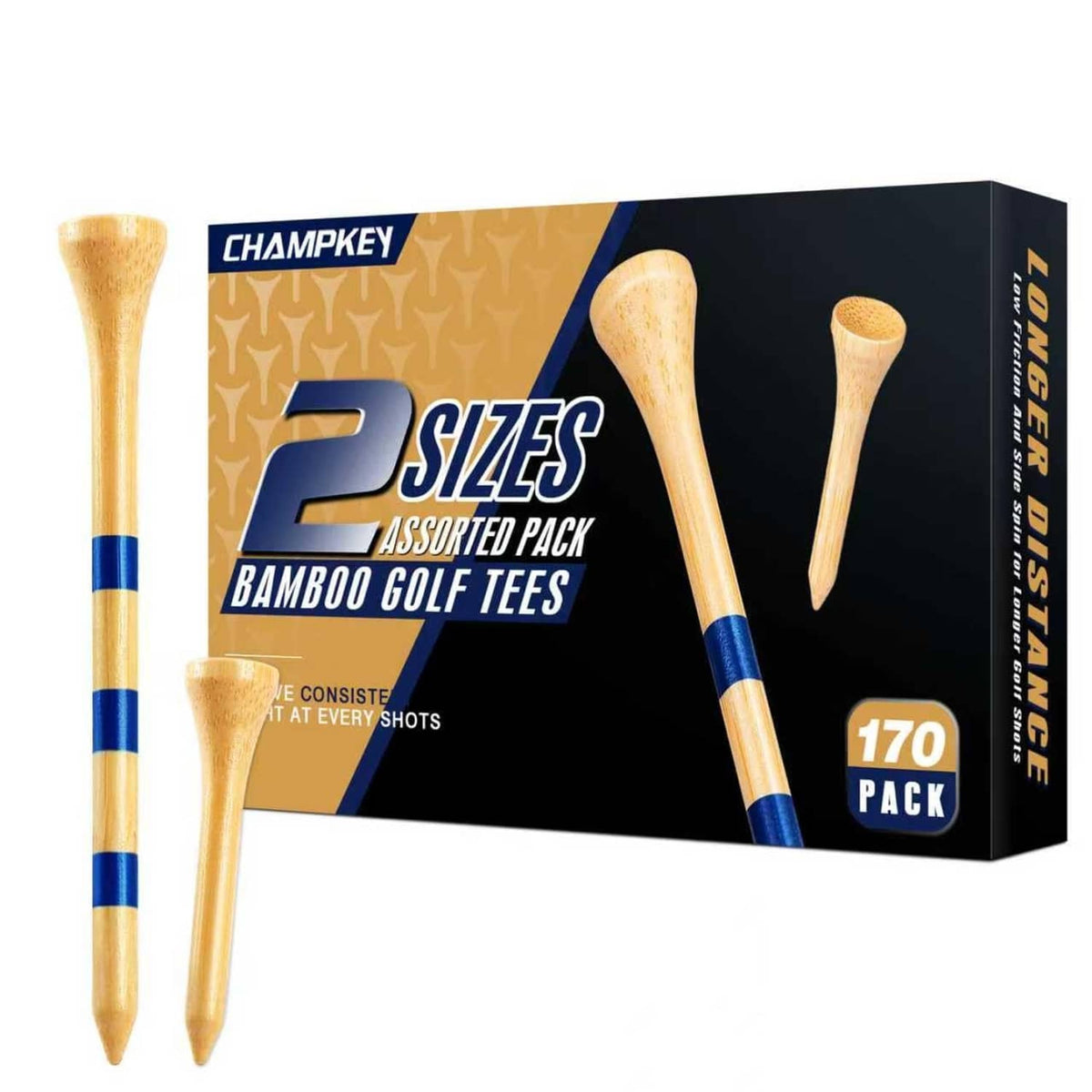 Bamboo golf tees pack with two natural tees and blue stripe bands, CHAMPKEY box view