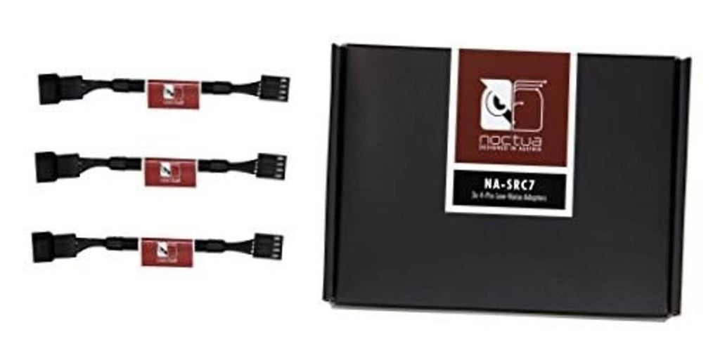 Black 4-pin PC fan adaptor cable set with low-noise module, shown with packaging box