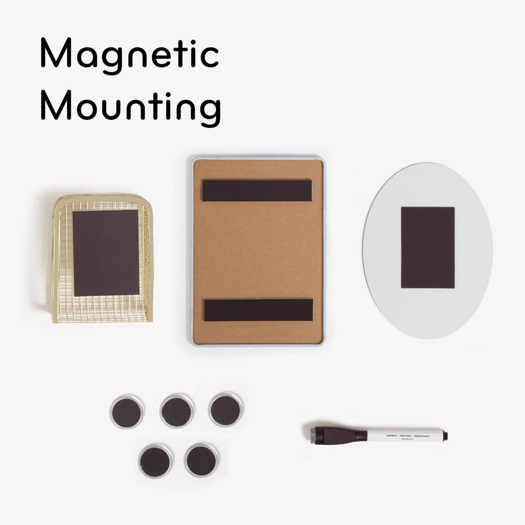 Locker organizer kit showing magnetic mounting board, photo boards, round magnets, and marker