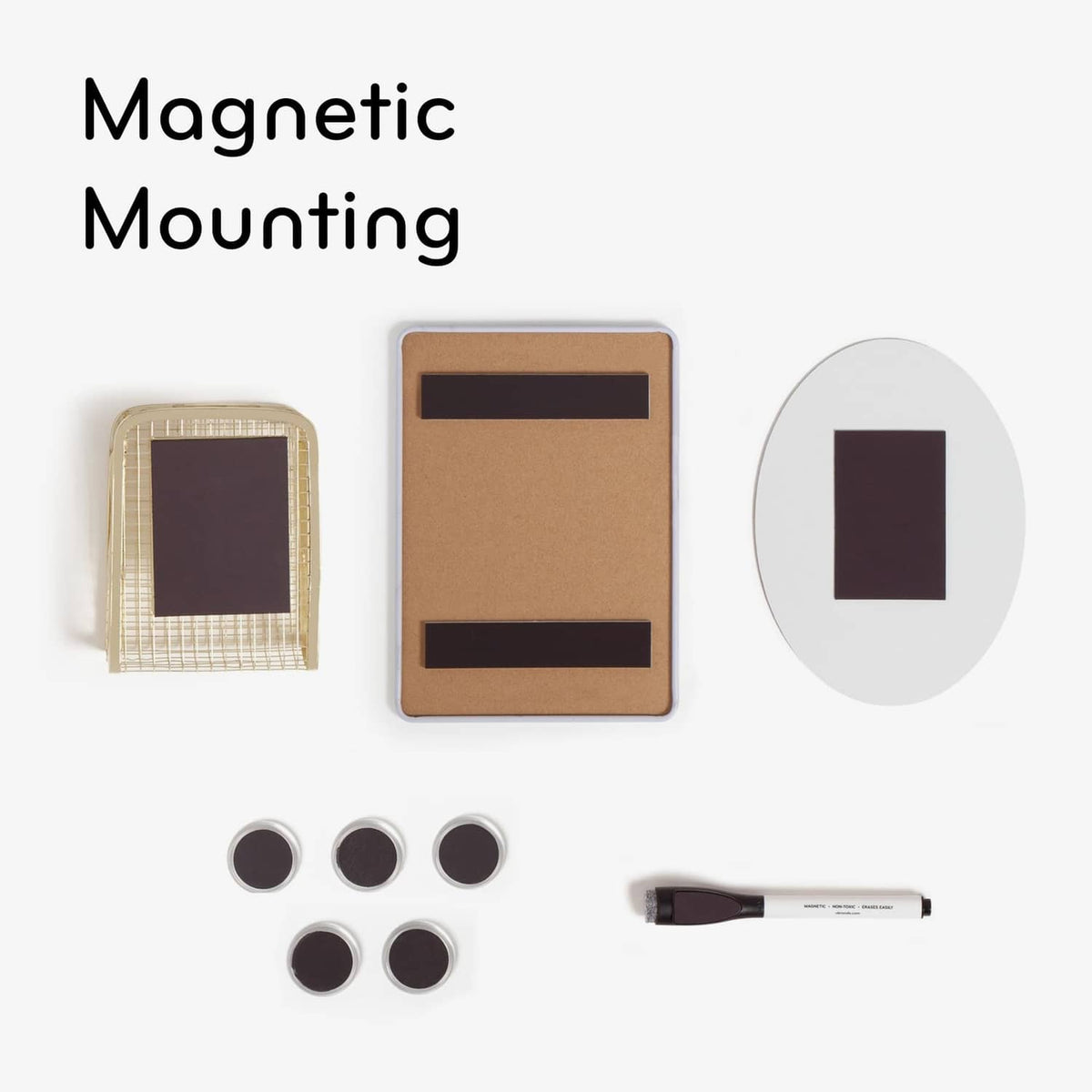 Locker organizer kit showing magnetic mounting board, photo boards, round magnets, and marker