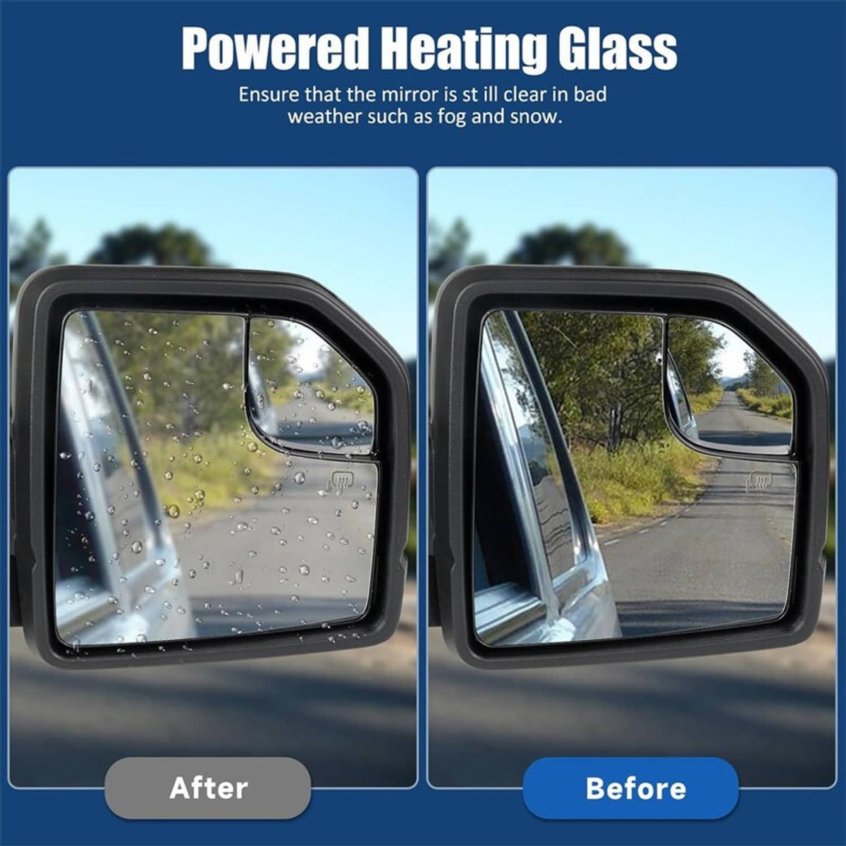 Heated door mirror glass helps clear fog and water, shown as before and after