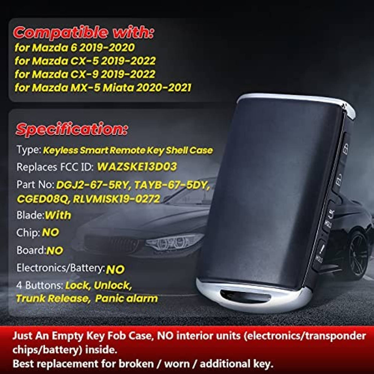 Black keyless smart remote shell with key ring cutout and side button controls