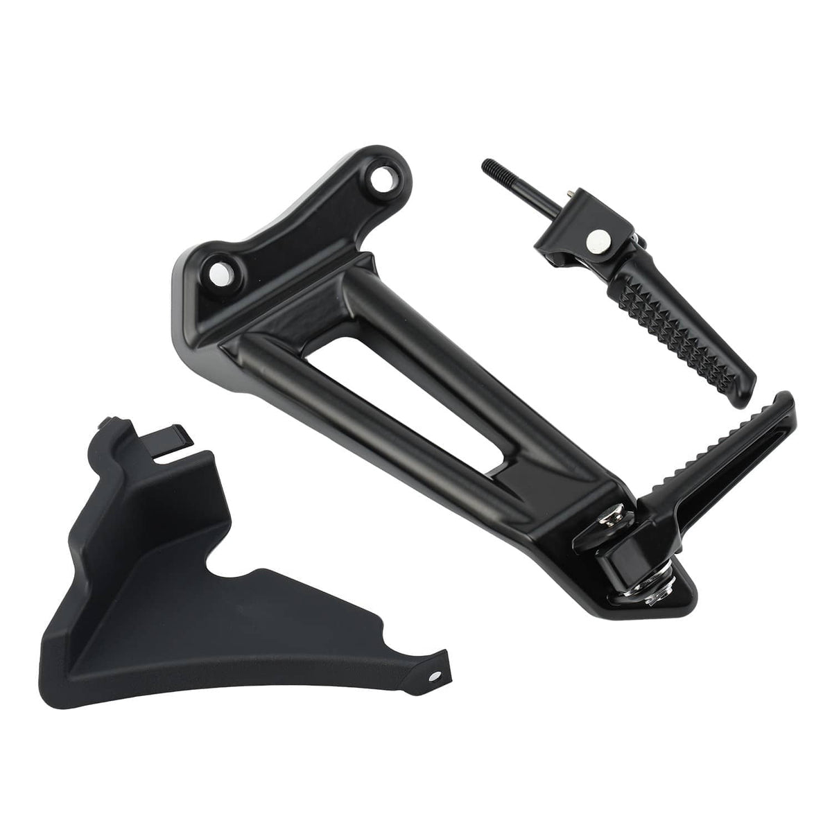 Black passenger footpeg bracket assembly with folding pegs and mounting plates