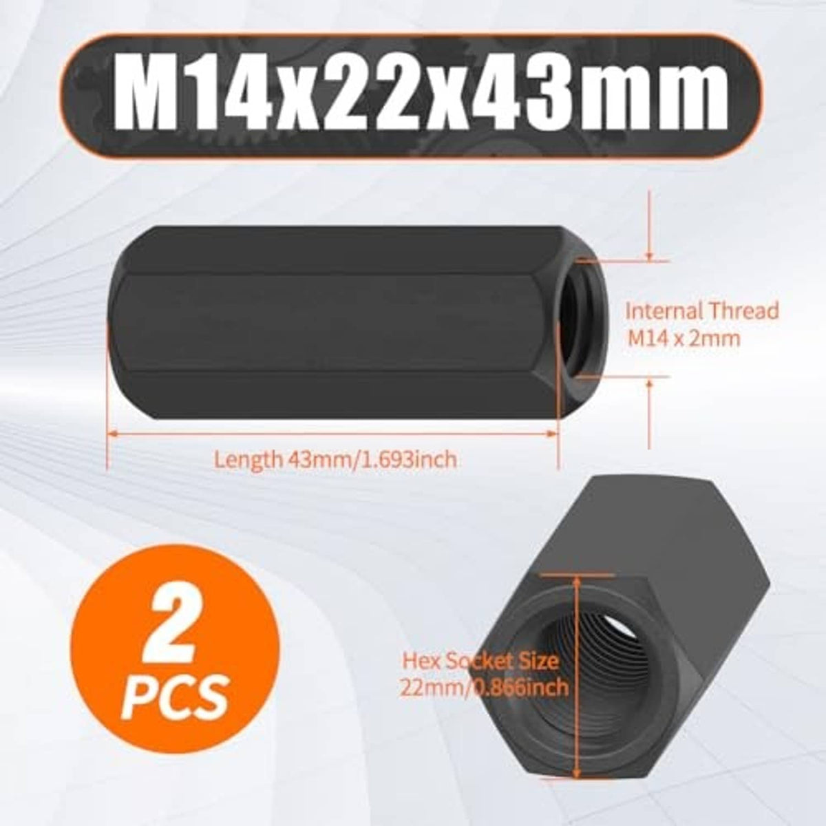 Black hex coupling nut, M14 internal thread, 43mm length