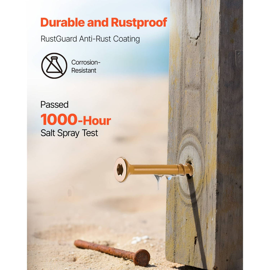 Gold T25 star-drive wood screw partially inserted in a wooden board