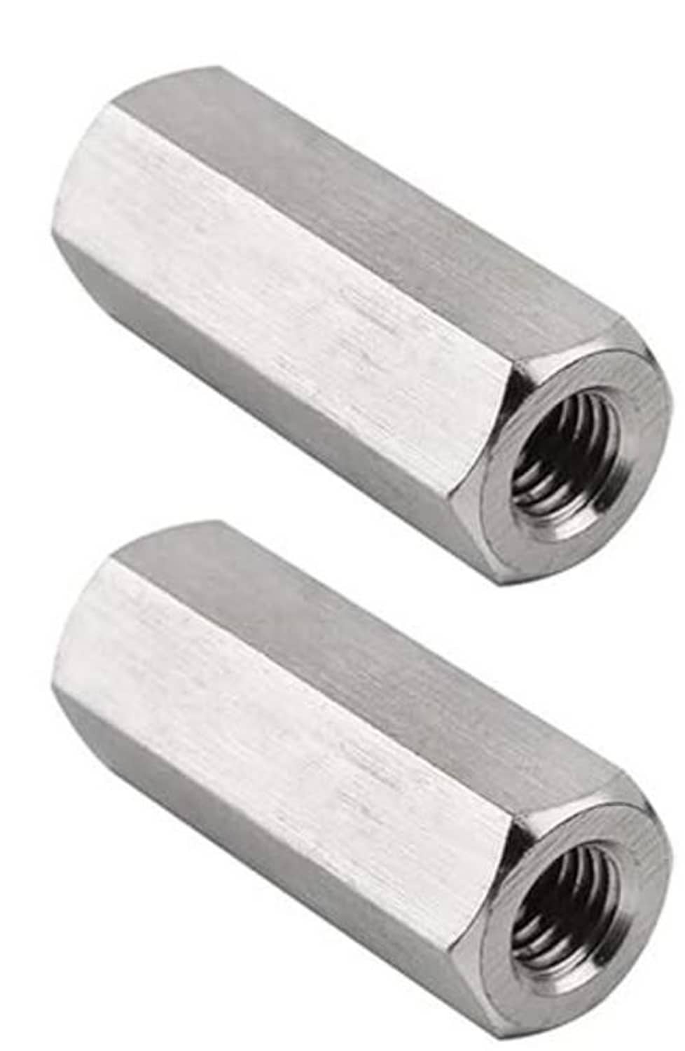 Two stainless hex coupling nuts with internal metric threads and 17mm hex