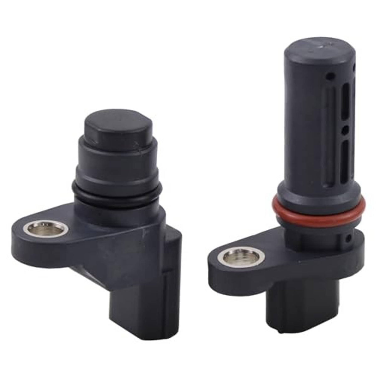 Two black cam/crank position sensors with metal mounting holes and red seal rings