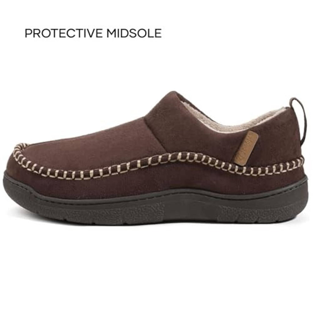 Brown suede men’s moccasin slippers with protective midsole and stitched moc toe design