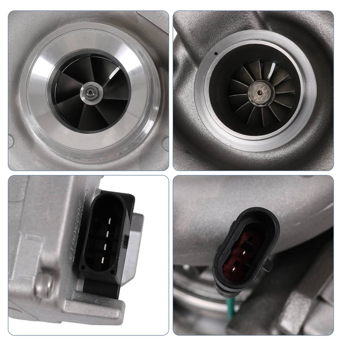 Turbocharger details: compressor wheel, turbine wheel, and electrical sensor connector