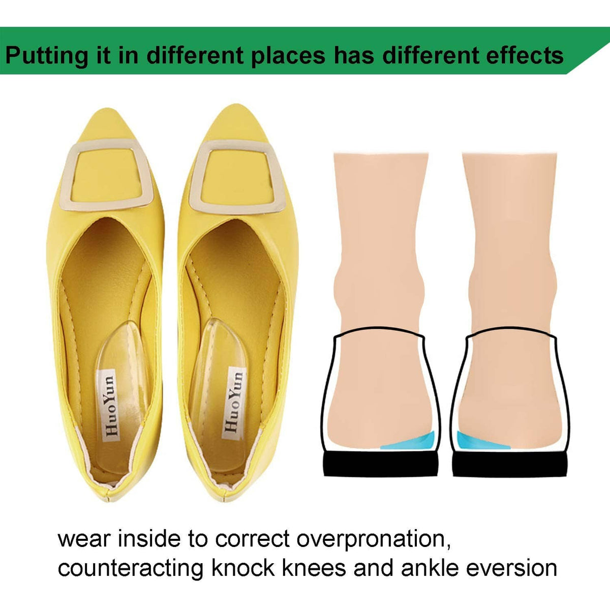 Clear heel wedge silicone insoles shown for inside shoe wear and ankle support
