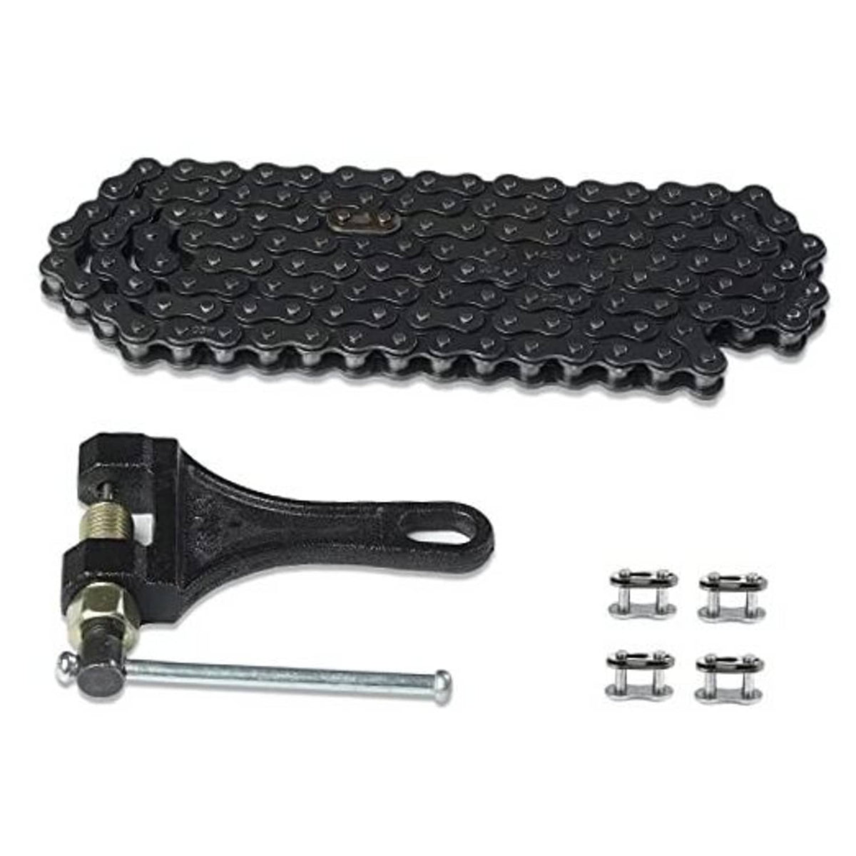 Black 420 roller chain with chain breaker tool and four shiny master link pins