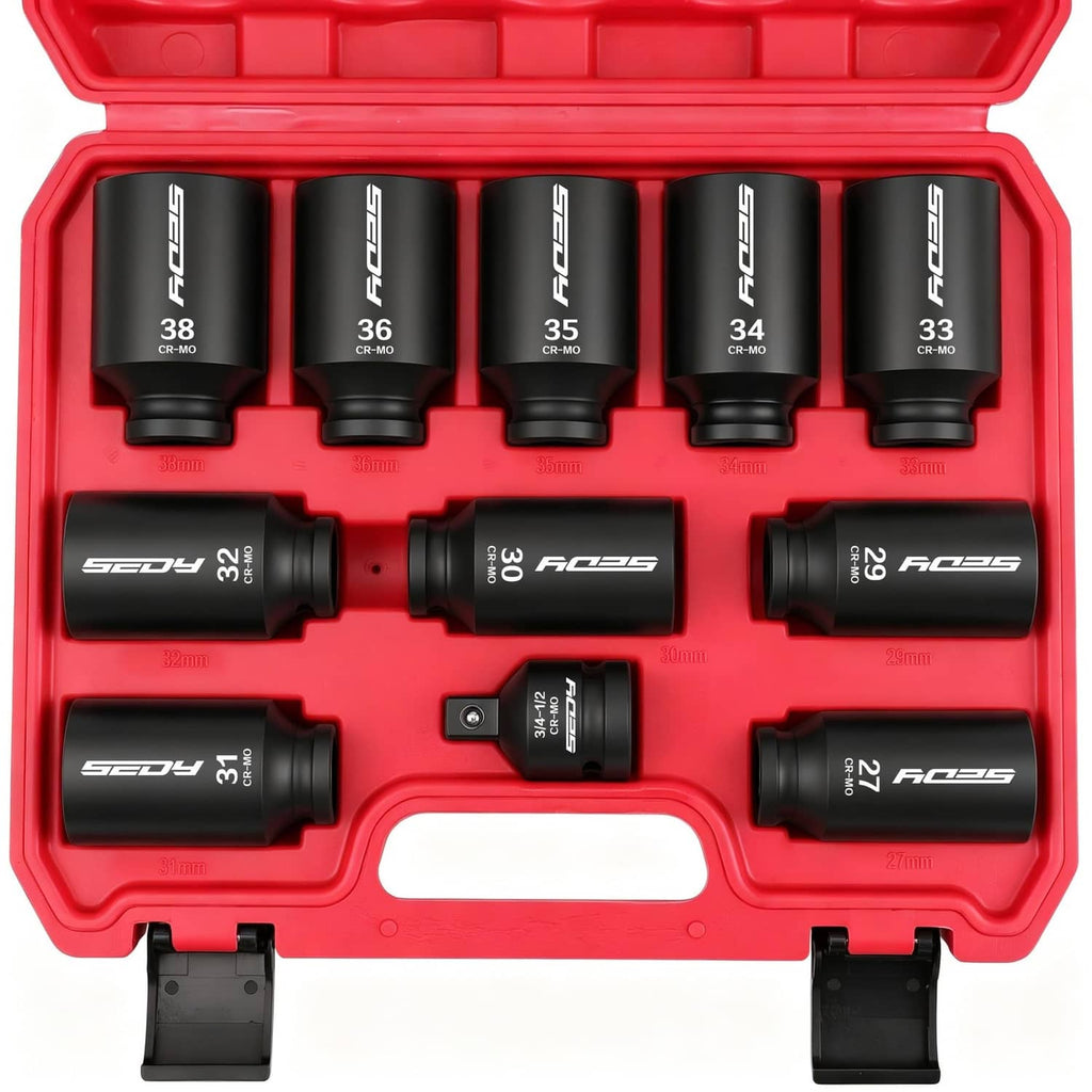 1/2 drive impact socket set in red case with multiple metric deep sockets