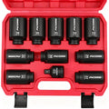 1/2 drive impact socket set in red case with multiple metric deep sockets
